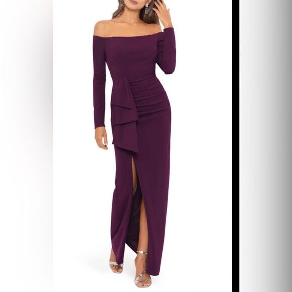 Xscape Strapless (off the shoulder) Long Sleeve Column Gown in Mulberry - Picture 3 of 3